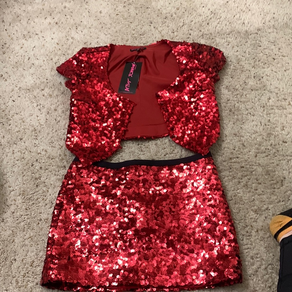 Betsey Johnson Red Sequins Skirt and Cropped Jacket Set